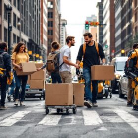 A photograph of a bustling boston street scene on move in day