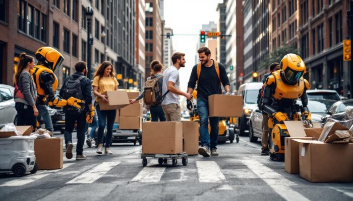 A photograph of a bustling boston street scene on move in day