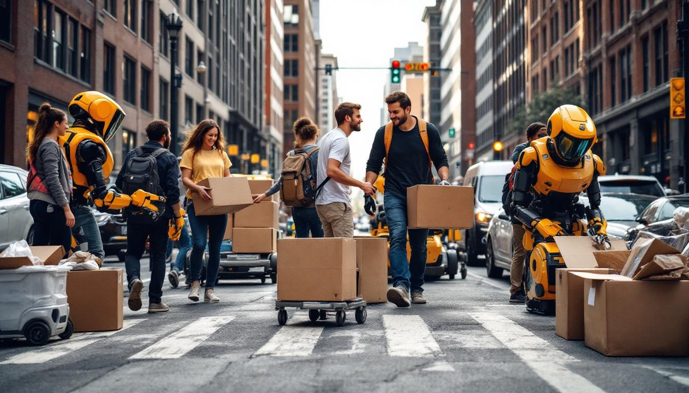 A photograph of a bustling boston street scene on move in day