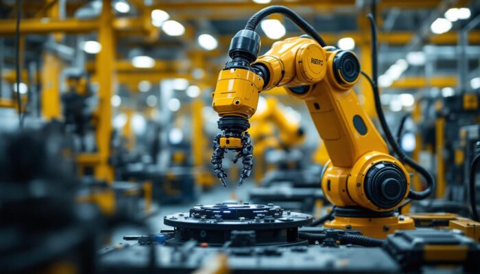 A photograph of a sleek industrial robotic arm in action