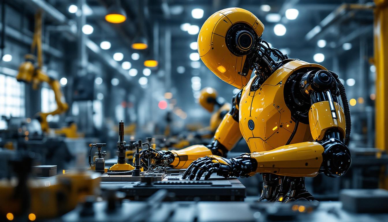 A photograph of a sleek industrial robot in action within a modern manufacturing environment