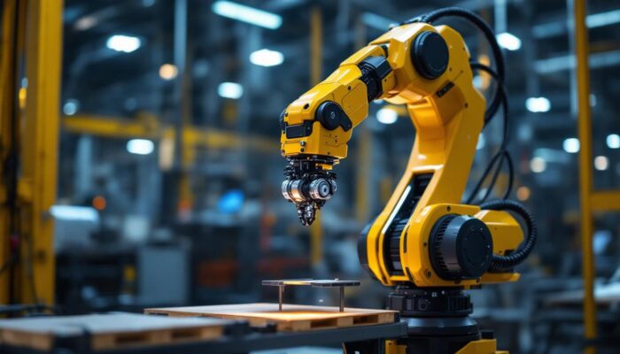 A photograph of a sleek industrial robotic arm in action