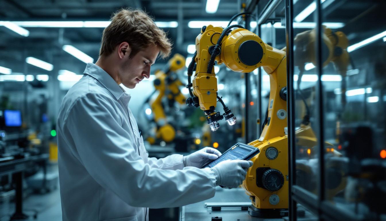 A photograph of a biomedical engineering technician working alongside industrial robotic equipment in a modern lab setting