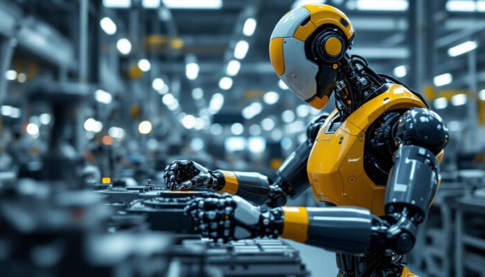 A photograph of a sleek industrial robot in action within a modern manufacturing environment