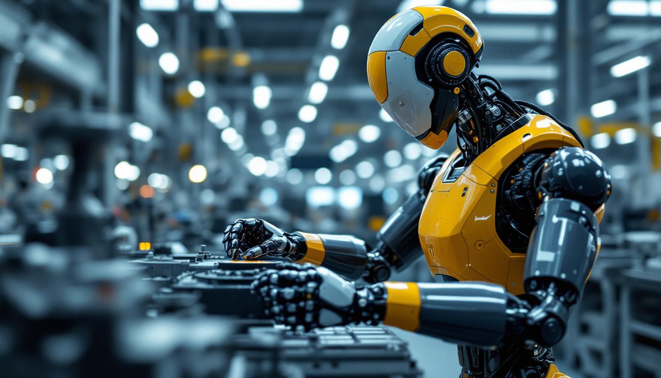 A photograph of a sleek industrial robot in action within a modern manufacturing environment