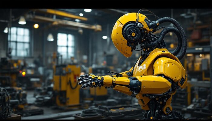 A photograph of a dynamic industrial robot in action within a boston manufacturing setting