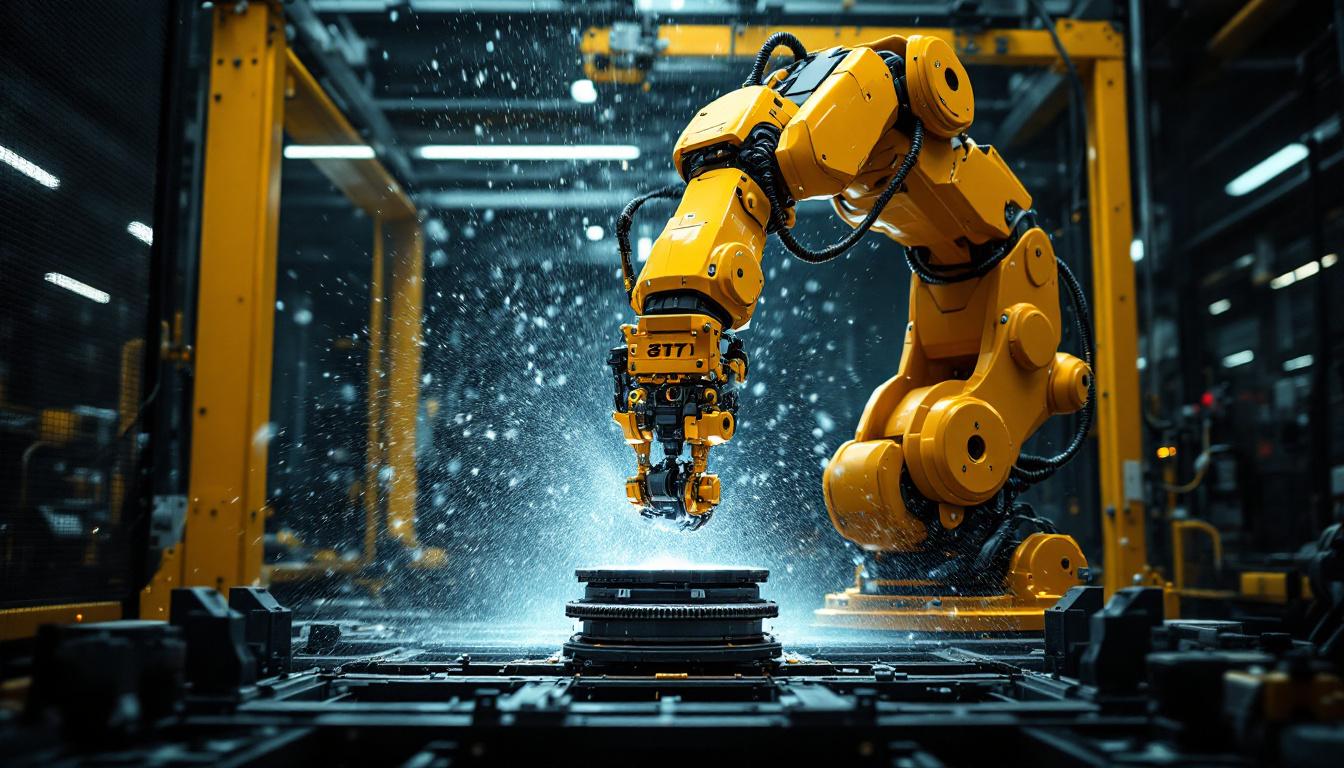 A photograph of a dynamic industrial robot in action within a boston-based manufacturing setting