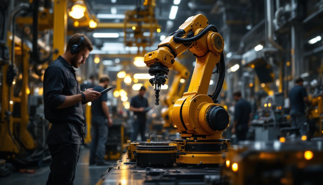 A photograph of a dynamic industrial robotics environment in boston