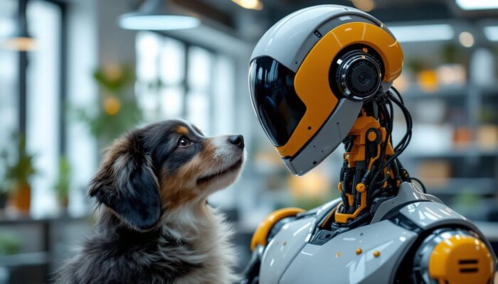A photograph of a playful dog interacting with a sleek industrial robot in a bright