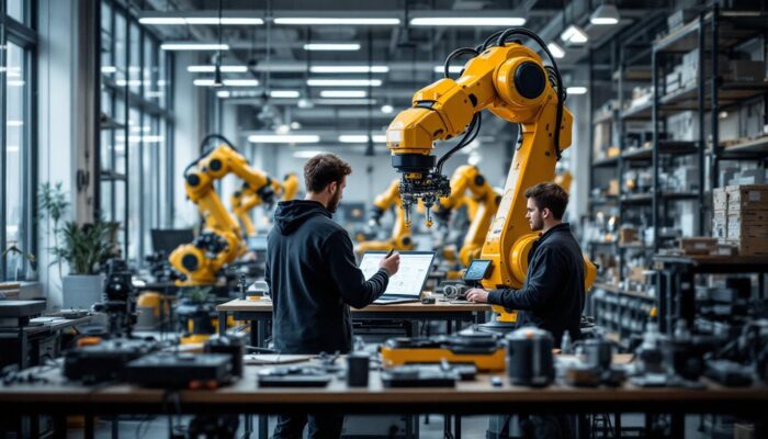 A photograph of a dynamic industrial robotics workspace in new york city