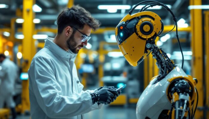 A photograph of a biomedical engineer working alongside an industrial robot in a lab setting