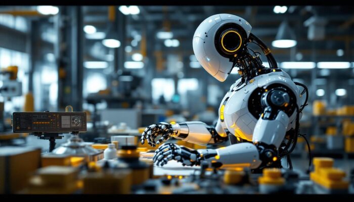 A photograph of a sleek industrial robot in action within a dynamic manufacturing environment