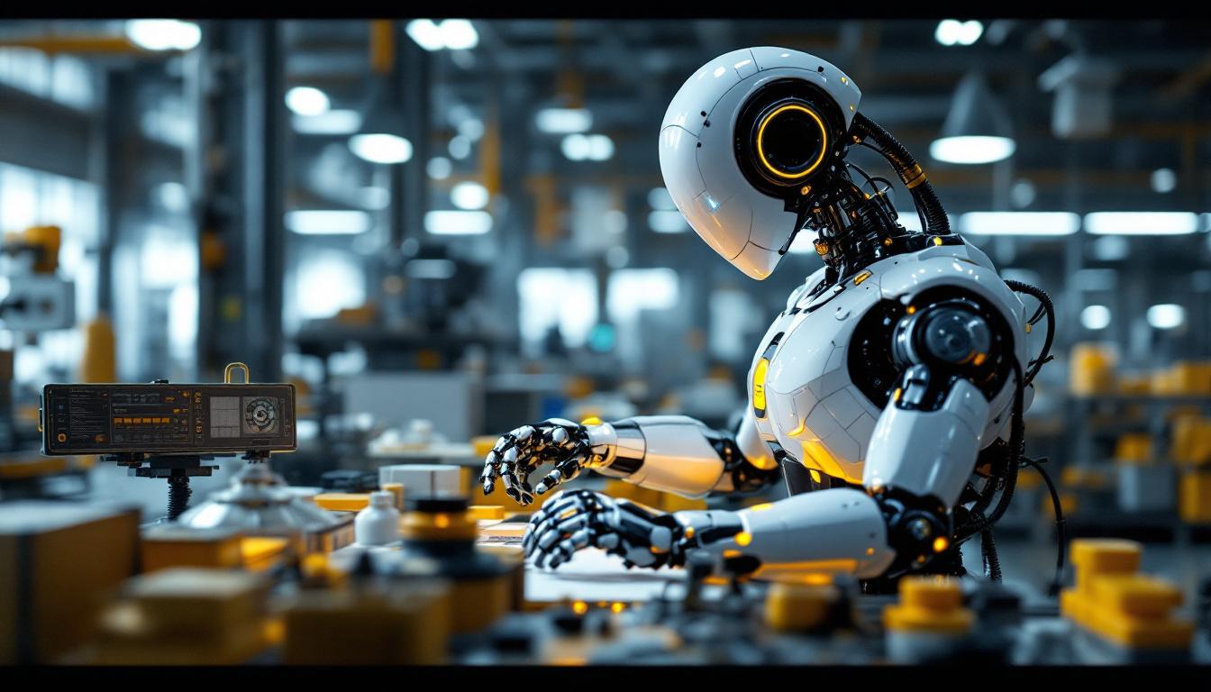 A photograph of a sleek industrial robot in action within a dynamic manufacturing environment