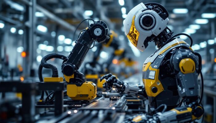 A photograph of a sleek hyundai industrial robot in action on the factory floor