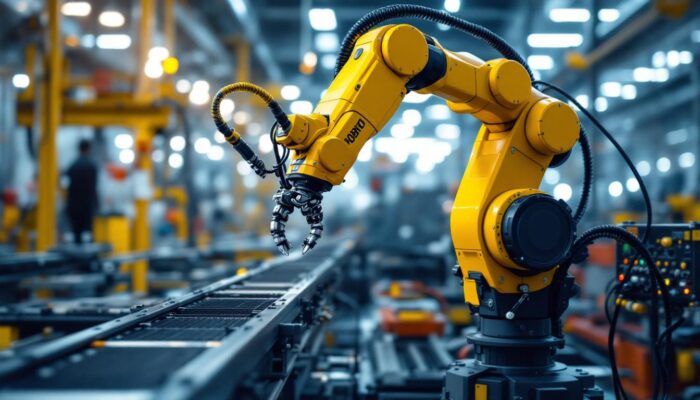 A photograph of a sleek industrial robotic arm in action