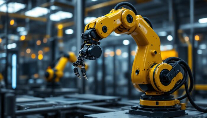 A photograph of capture a photograph of a sleek industrial robotic arm in action