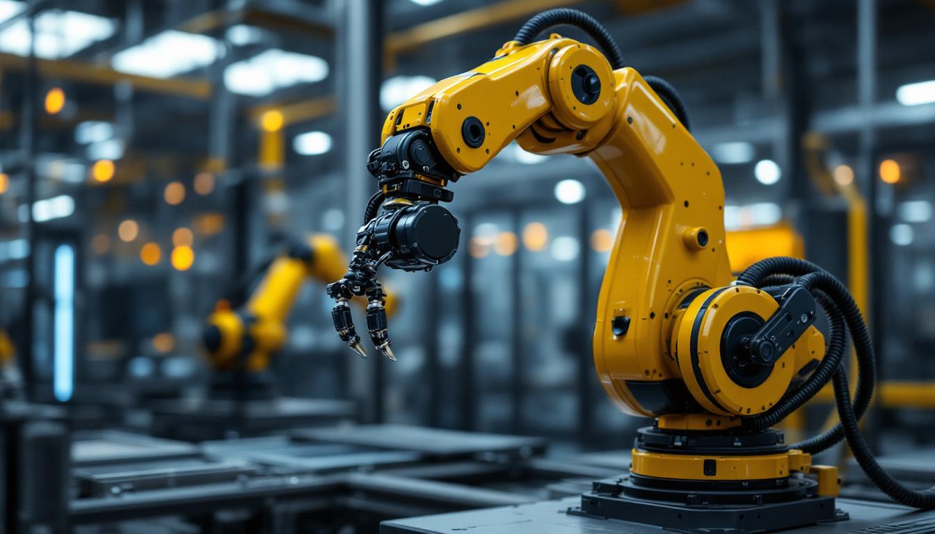 A photograph of capture a photograph of a sleek industrial robotic arm in action