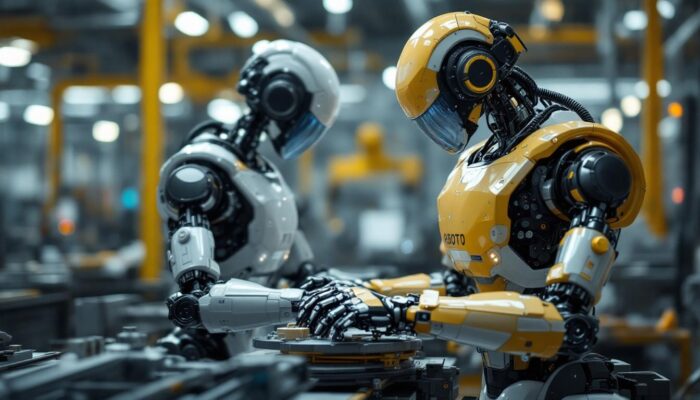 A photograph of a sleek industrial robot in action within a modern manufacturing environment