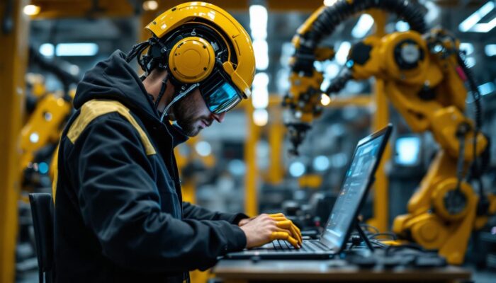 A photograph of a skilled computer engineer programming or troubleshooting an industrial robot in a modern manufacturing environment