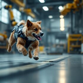A photograph of a dynamic scene featuring a dog skillfully navigating an agility course