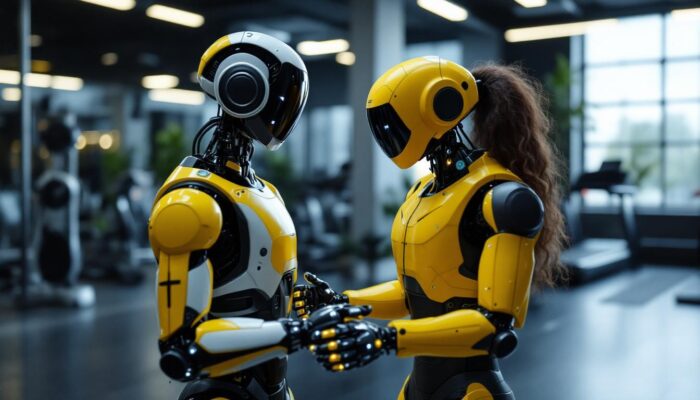 A photograph of a fitness manager interacting with a robotic assistant in a modern gym setting