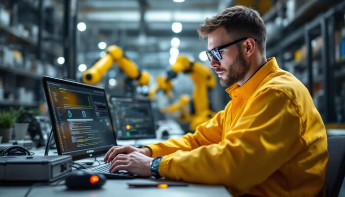 A photograph of a skilled embedded software engineer working on coding or debugging robotic systems in a modern industrial setting