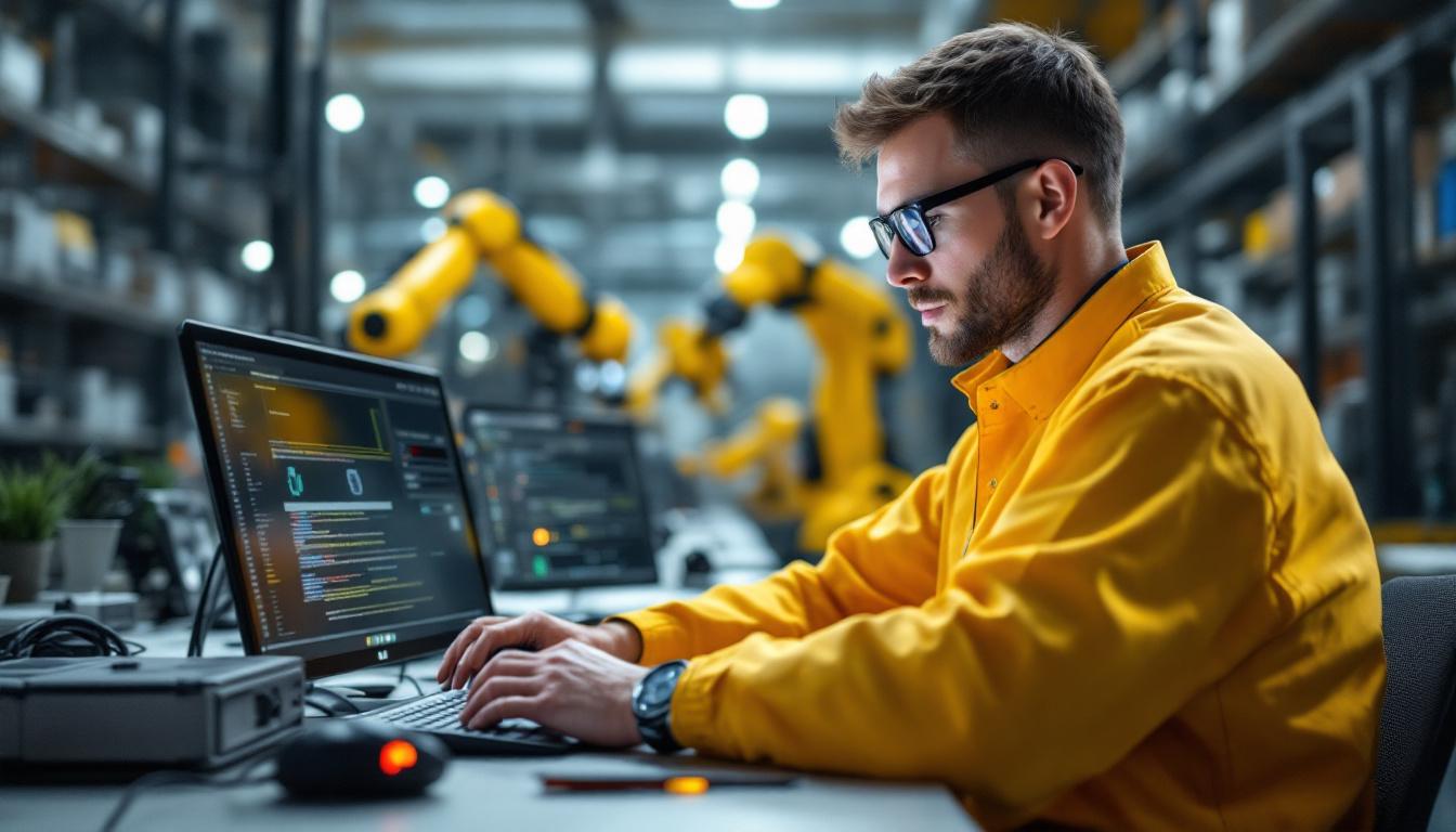 A photograph of a skilled embedded software engineer working on coding or debugging robotic systems in a modern industrial setting