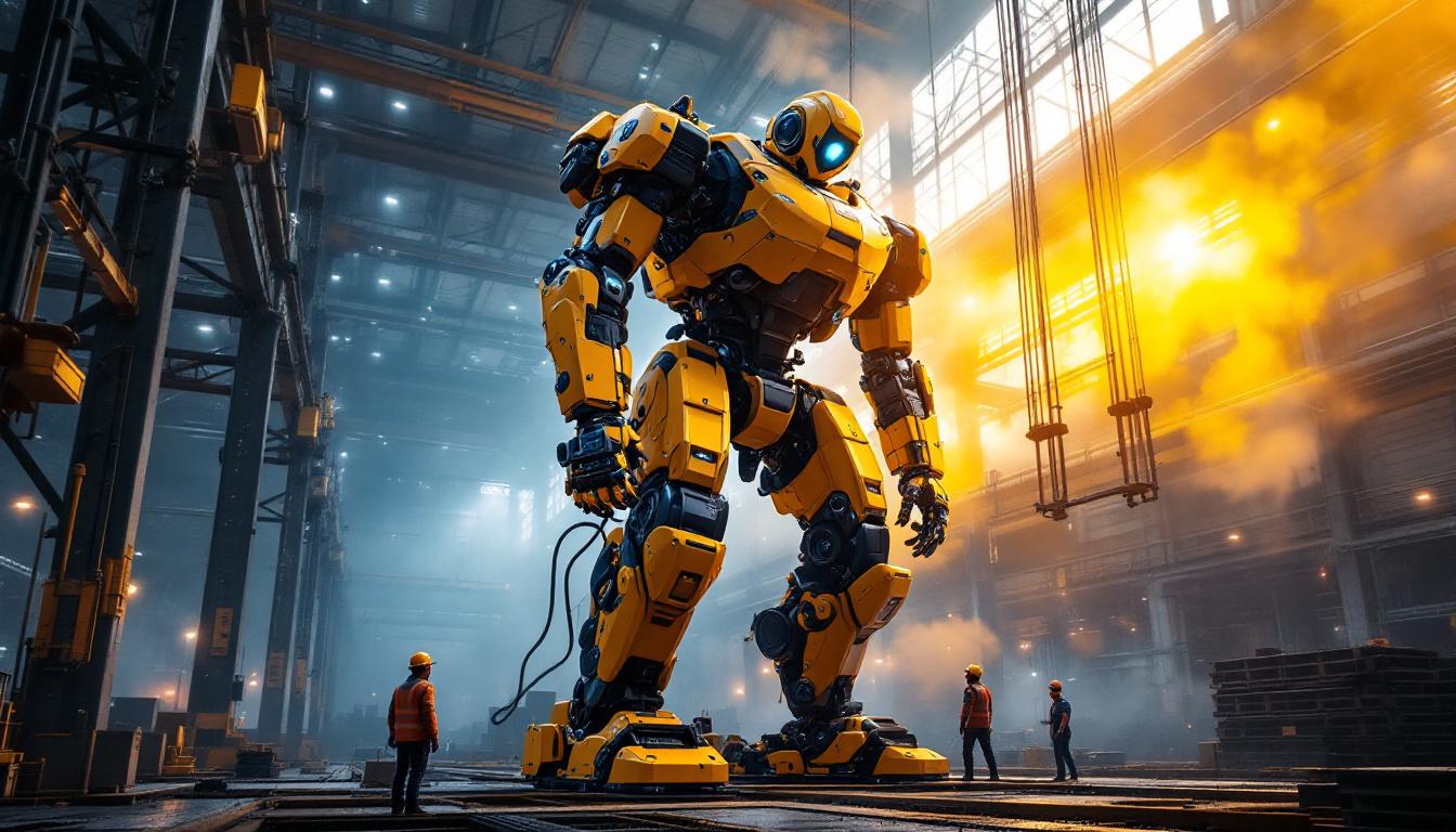 A photograph of a towering industrial robot in action