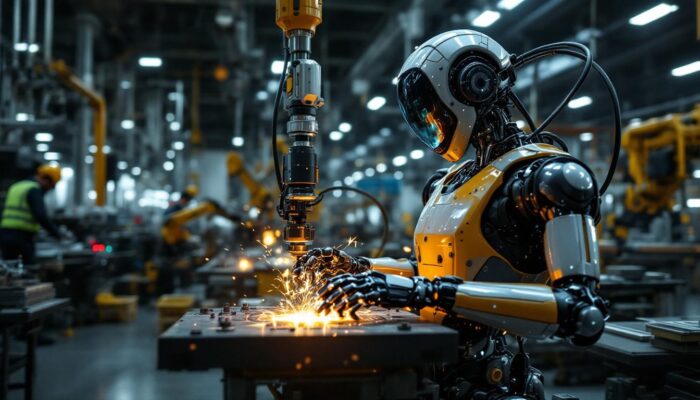 A photograph of a sleek industrial robot in action within a new york city manufacturing environment