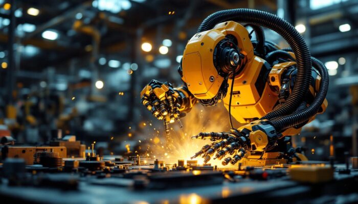 A photograph of a dynamic industrial robot in action