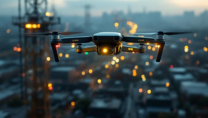 A photograph of a lidar-equipped drone in action