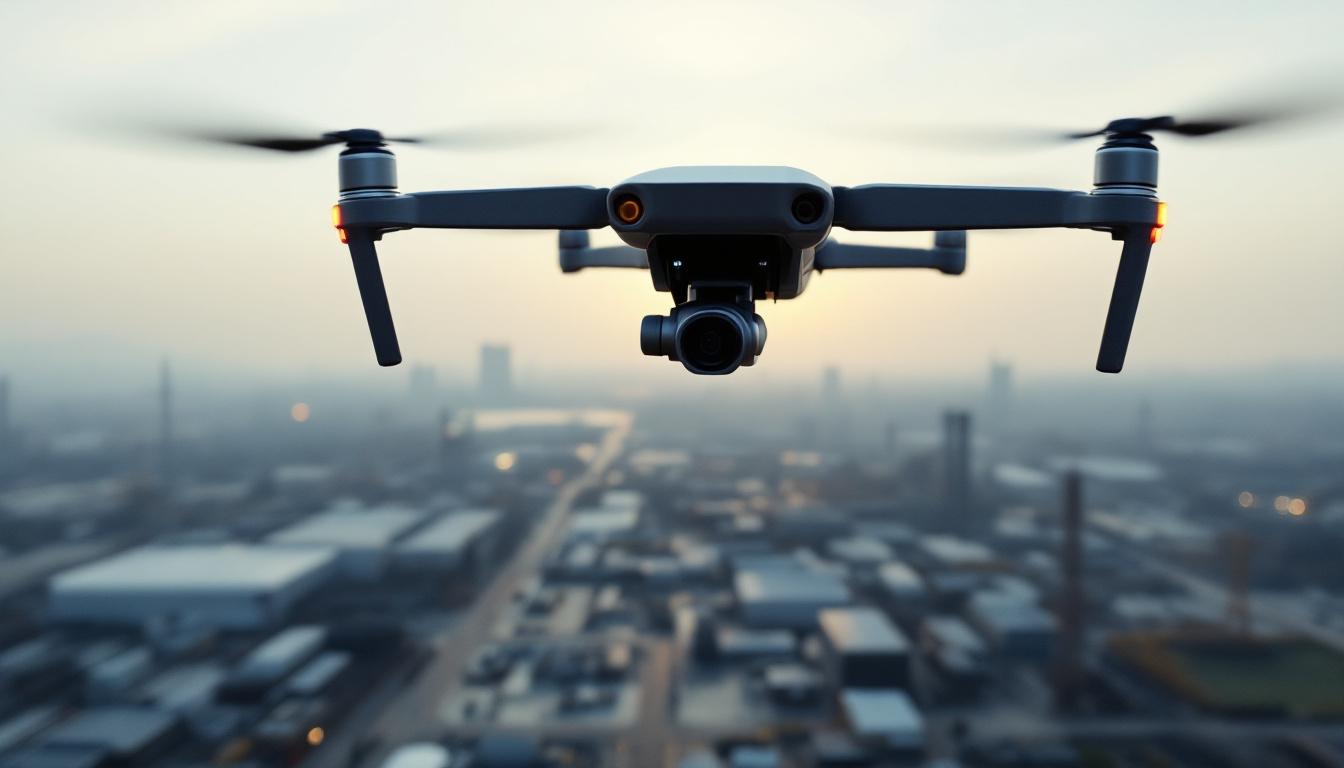 A photograph of a drone flying over an expansive industrial landscape