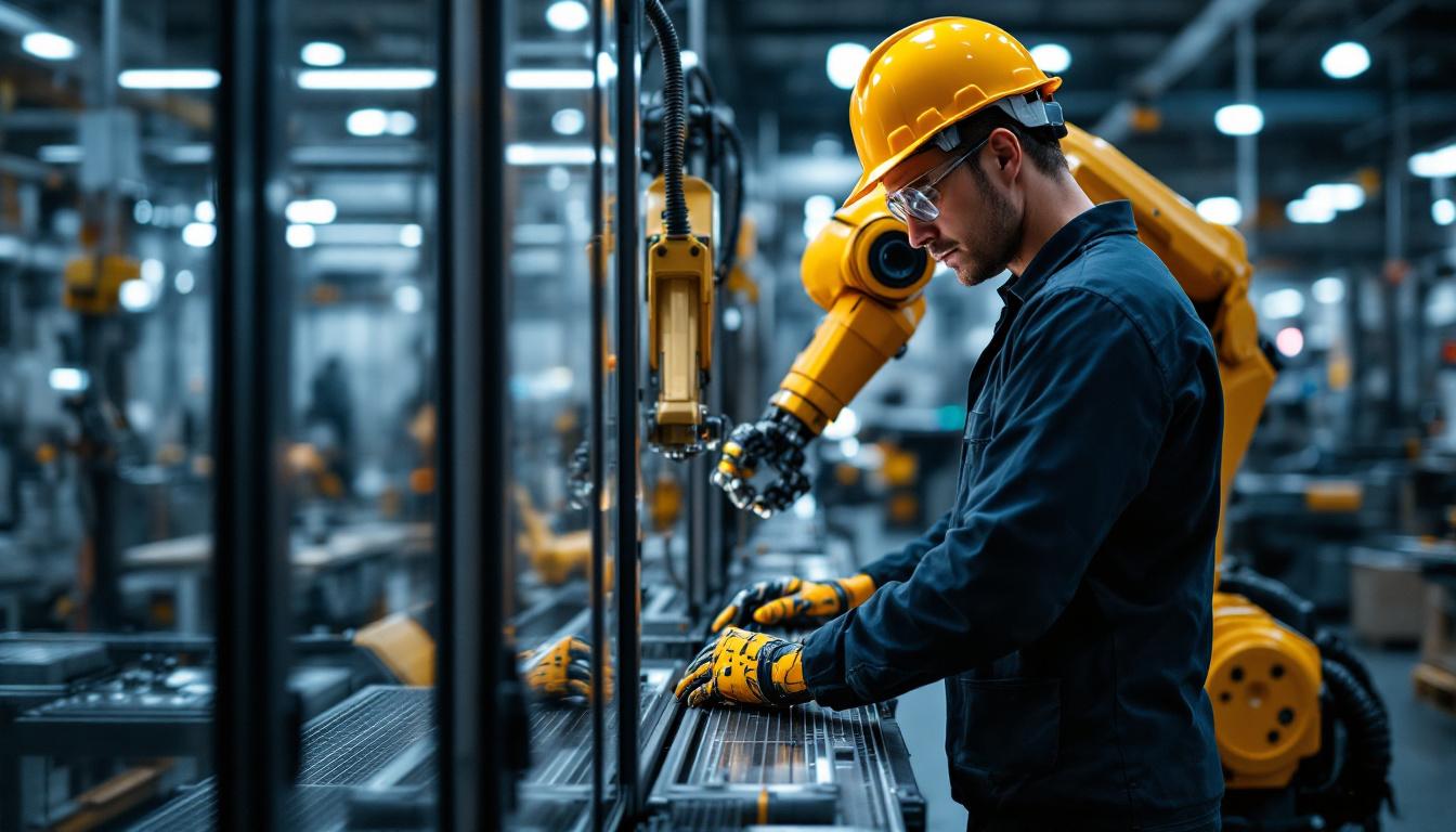 A photograph of a skilled industrial engineer working alongside advanced robotic machinery in a modern manufacturing facility