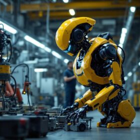 A photograph of a boston dynamics robot in action within an industrial setting