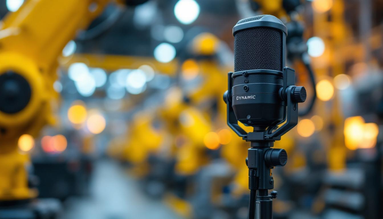 A photograph of a dynamic microphone in a vibrant industrial setting