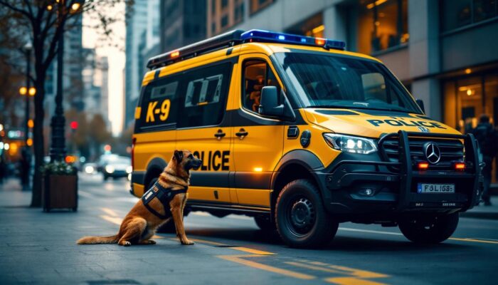 A photograph of a sleek police k9 vehicle parked in an urban setting
