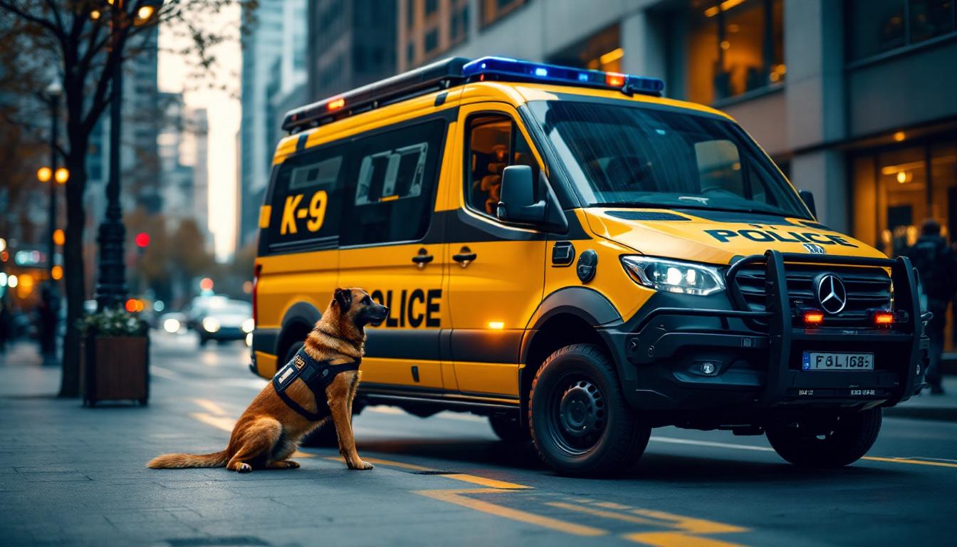 A photograph of a sleek police k9 vehicle parked in an urban setting