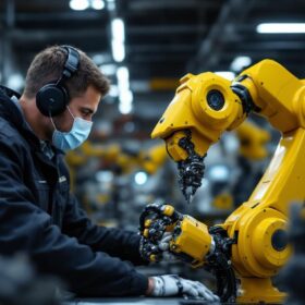 A photograph of a skilled technician programming or operating an industrial robot in a modern manufacturing environment