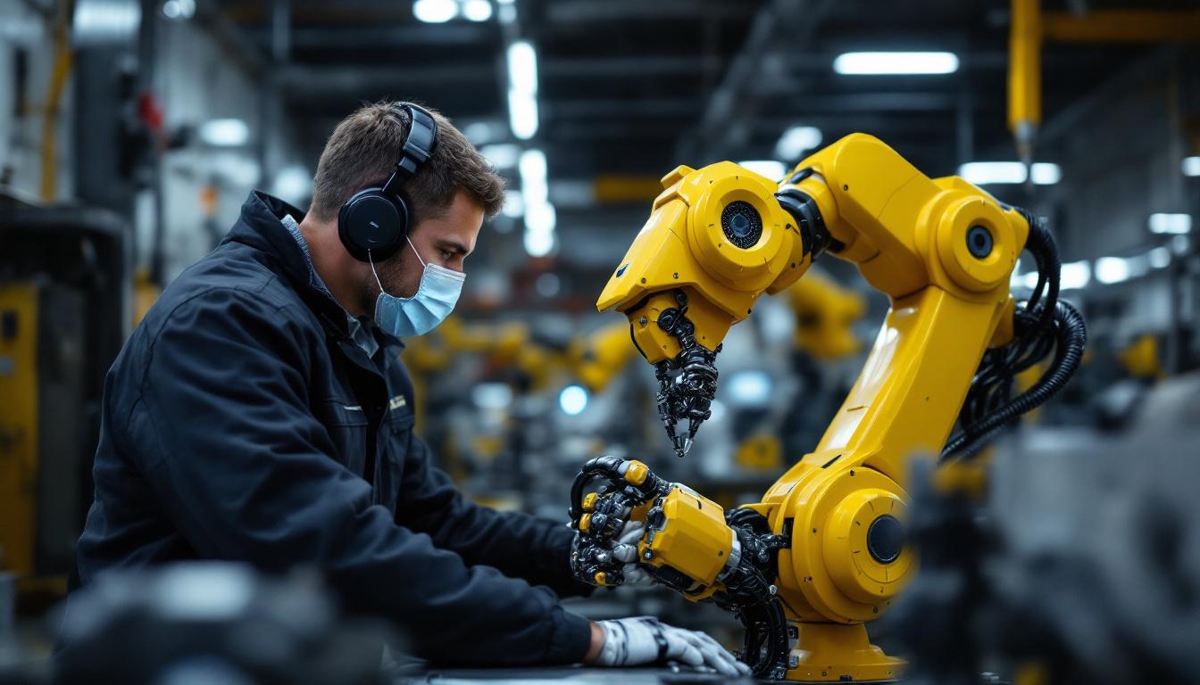 A photograph of a skilled technician programming or operating an industrial robot in a modern manufacturing environment