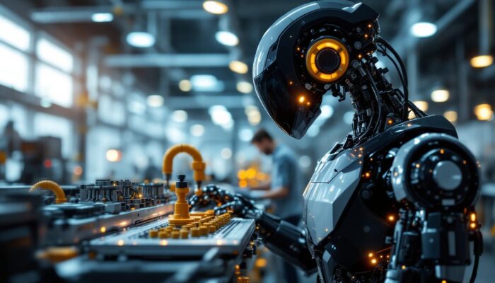 A photograph of a sleek industrial robot in action within a modern manufacturing environment