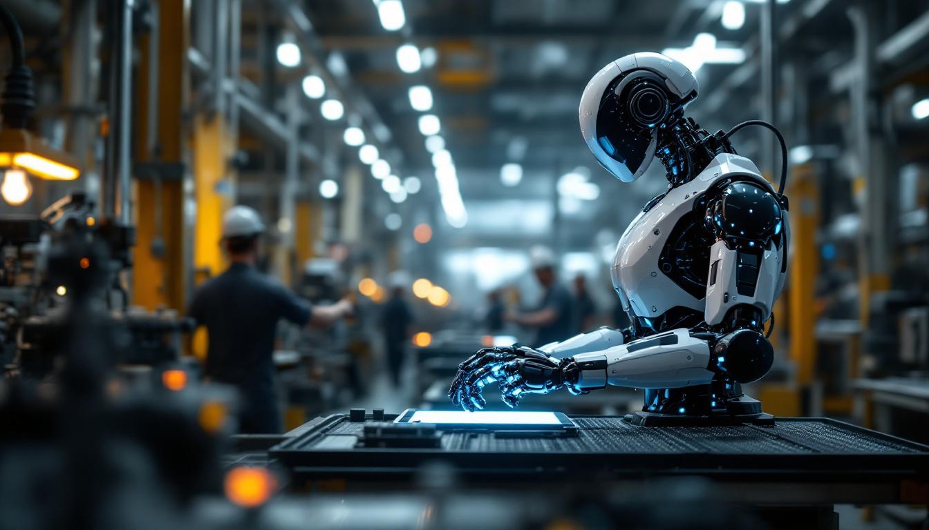 A photograph of a sleek industrial robot in action within a manufacturing setting