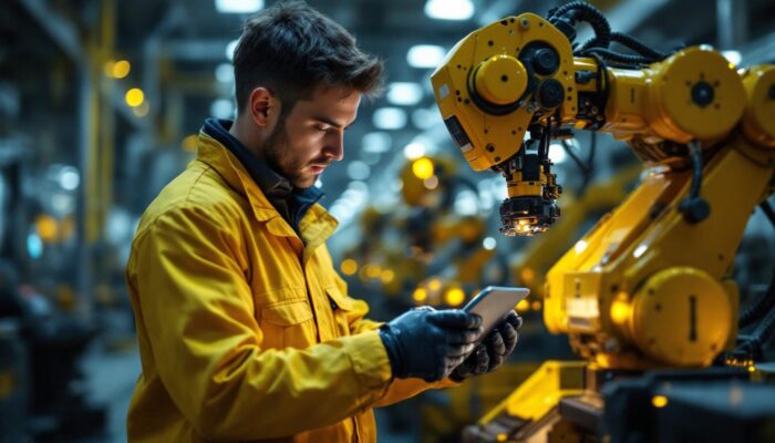 A photograph of a skilled technician interacting with an industrial robot in a dynamic manufacturing environment