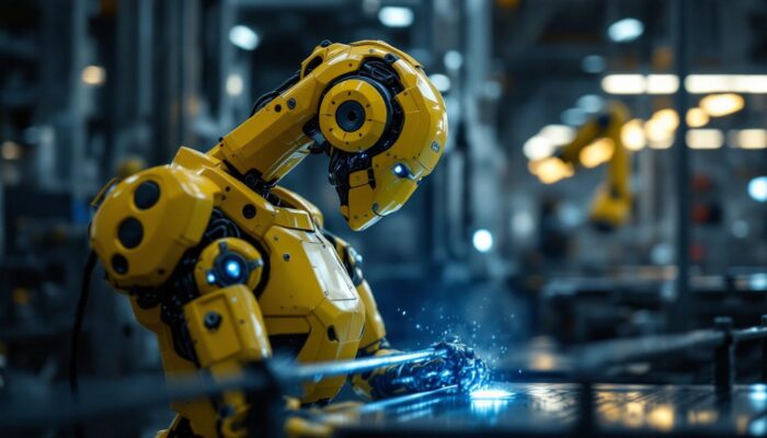 A photograph of an industrial robot in action within a modern manufacturing environment