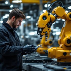 A photograph of a skilled technician programming an industrial robot on the factory floor