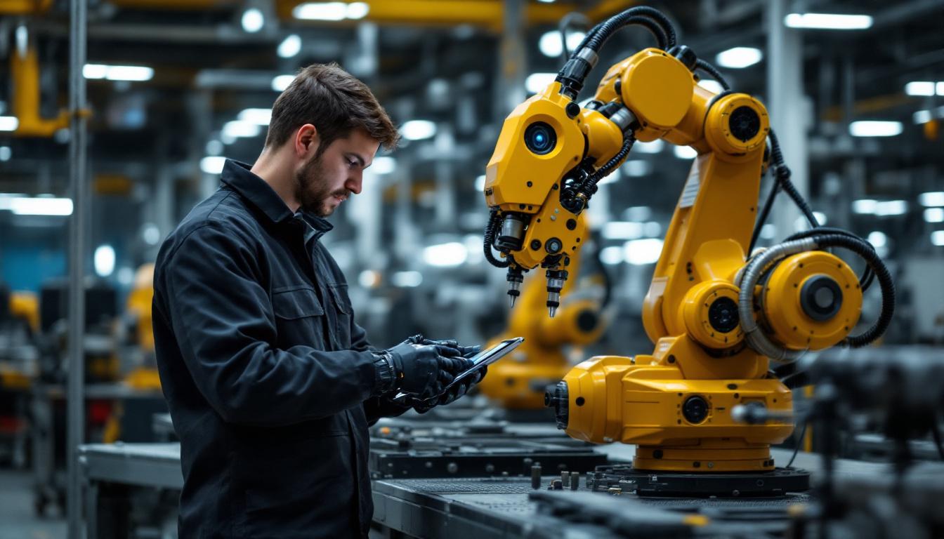 A photograph of a skilled technician programming an industrial robot on the factory floor
