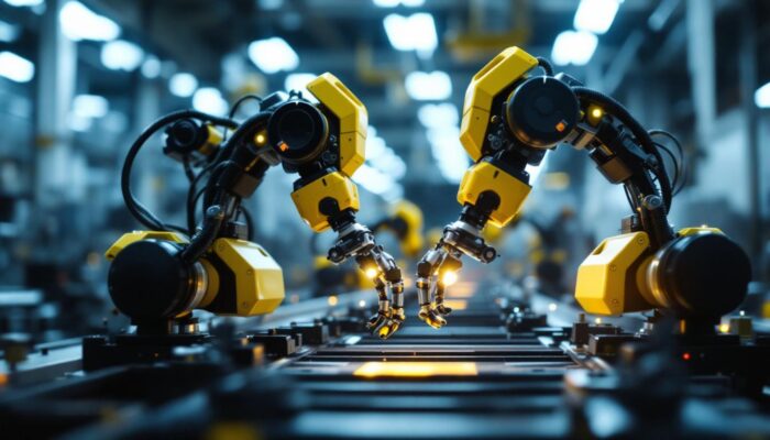 A photograph of a pair of industrial robots working in tandem on a manufacturing line