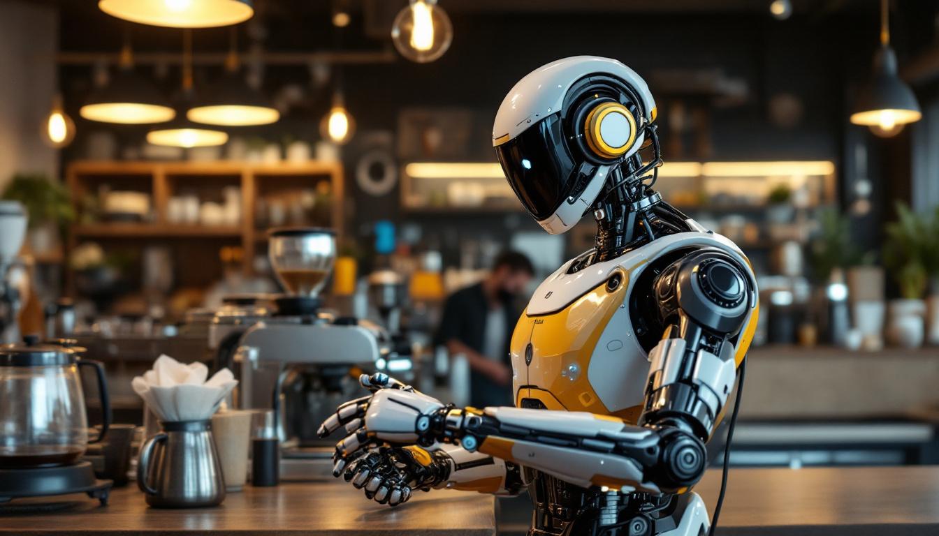 A photograph of a sleek industrial robot in action within the render coffee boston environment