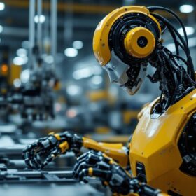 A photograph of a sleek industrial robot in action within a factory setting