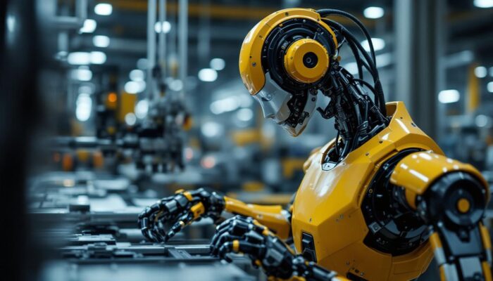 A photograph of a sleek industrial robot in action within a factory setting