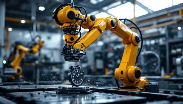 A photograph of a dynamic industrial robotic arm in action